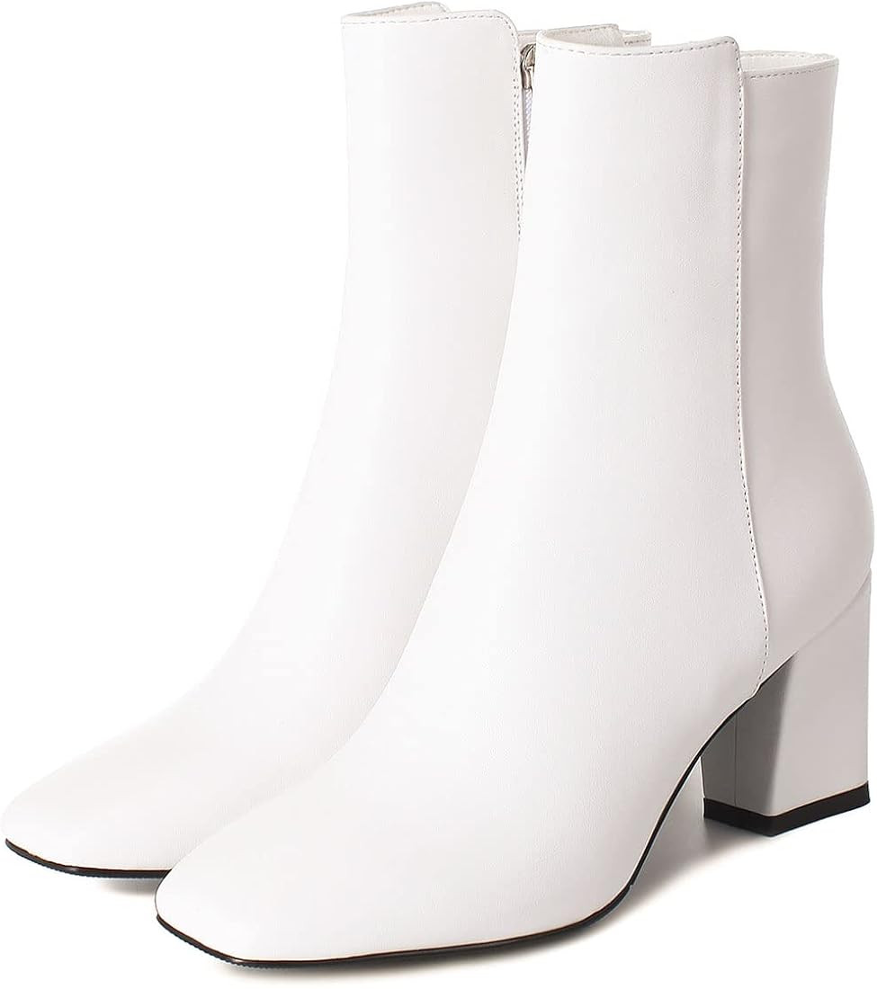 SHEMEE Women's Square Toe Block Heels Booties Chunky High Heeled Side Zipper Ankle Boots Shoes | Amazon (US)