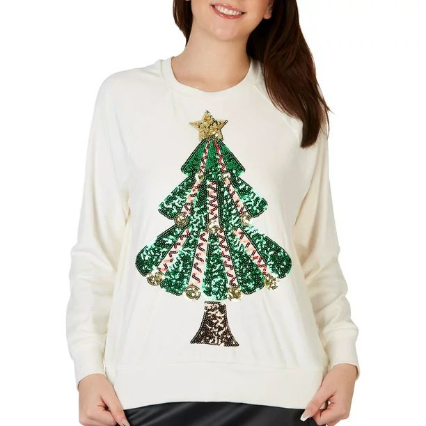 Juniors Embellished Christmas Tree Velour Sweater Large Off white - Walmart.com | Walmart (US)