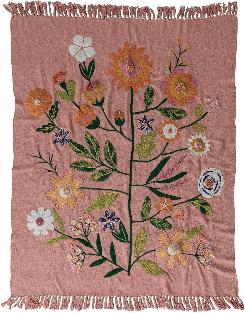 Creative Co-Op Woven Cotton Throw with Embroidered Flowers and Fringe, Multicolor | Amazon (US)