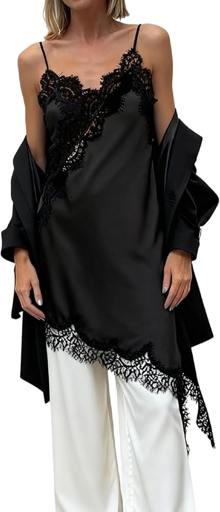 Seyumixi Women's Satin Slip Dress with Lace Trim Asymmetrical Hem Sexy Lace Mini Dress Spaghetti ... | Amazon (US)