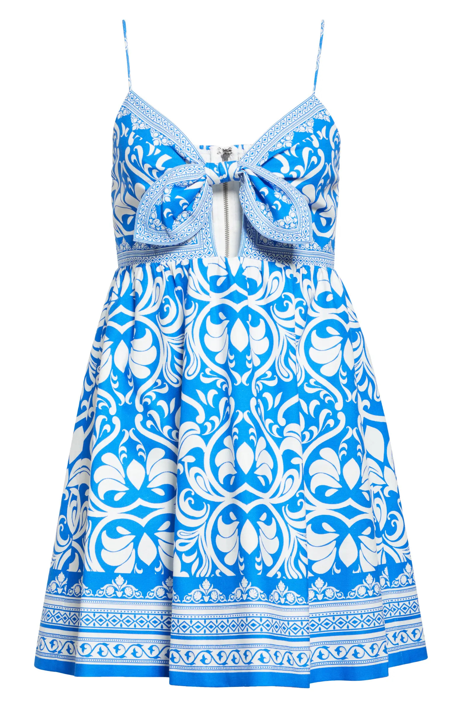 Alice + Olivia Melvina Bow Detail Mixed Print Linen Blend Minidress | Nordstrom | Nordstrom