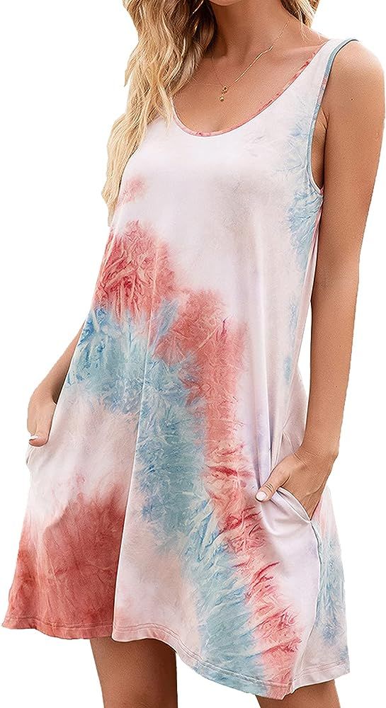 Women's Tie Dye Short Sleeve Tunic Dress V Neck Floral Print Flowy Dresses | Amazon (US)