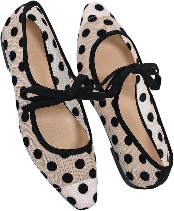 Women's Polka Dots Mesh Ballet Flats Shoes Bowknot Pointed Toe Mary Jane Flats Closed Toe Comfort... | Amazon (US)