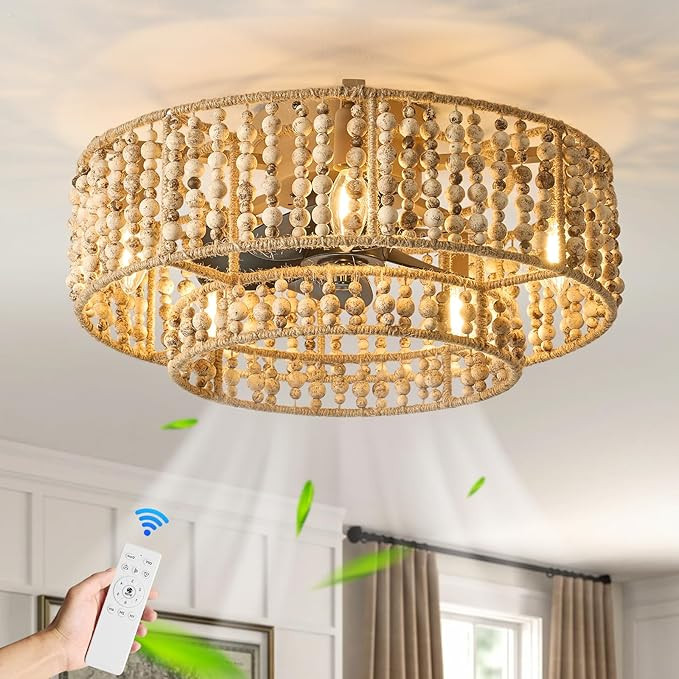 Boho Caged Ceiling Fans with Lights, 20 Inch Rustic Wood Beaded Ceiling Fan with Light Remote Con... | Amazon (US)