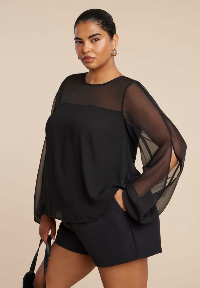 Draped Sheer Sleeve Blouse | Eloquii