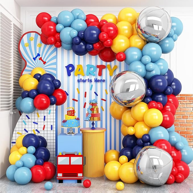Red Blue Yellow Balloon Arch Kit with 4D Silver Ball Foil Balloons, Dusty Navy Blue Red Yellow La... | Amazon (US)
