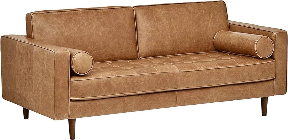 Amazon Brand – Rivet Aiden Mid-Century Modern Tufted Leather Loveseat Sofa, 74"W, Cognac Leathe... | Amazon (US)
