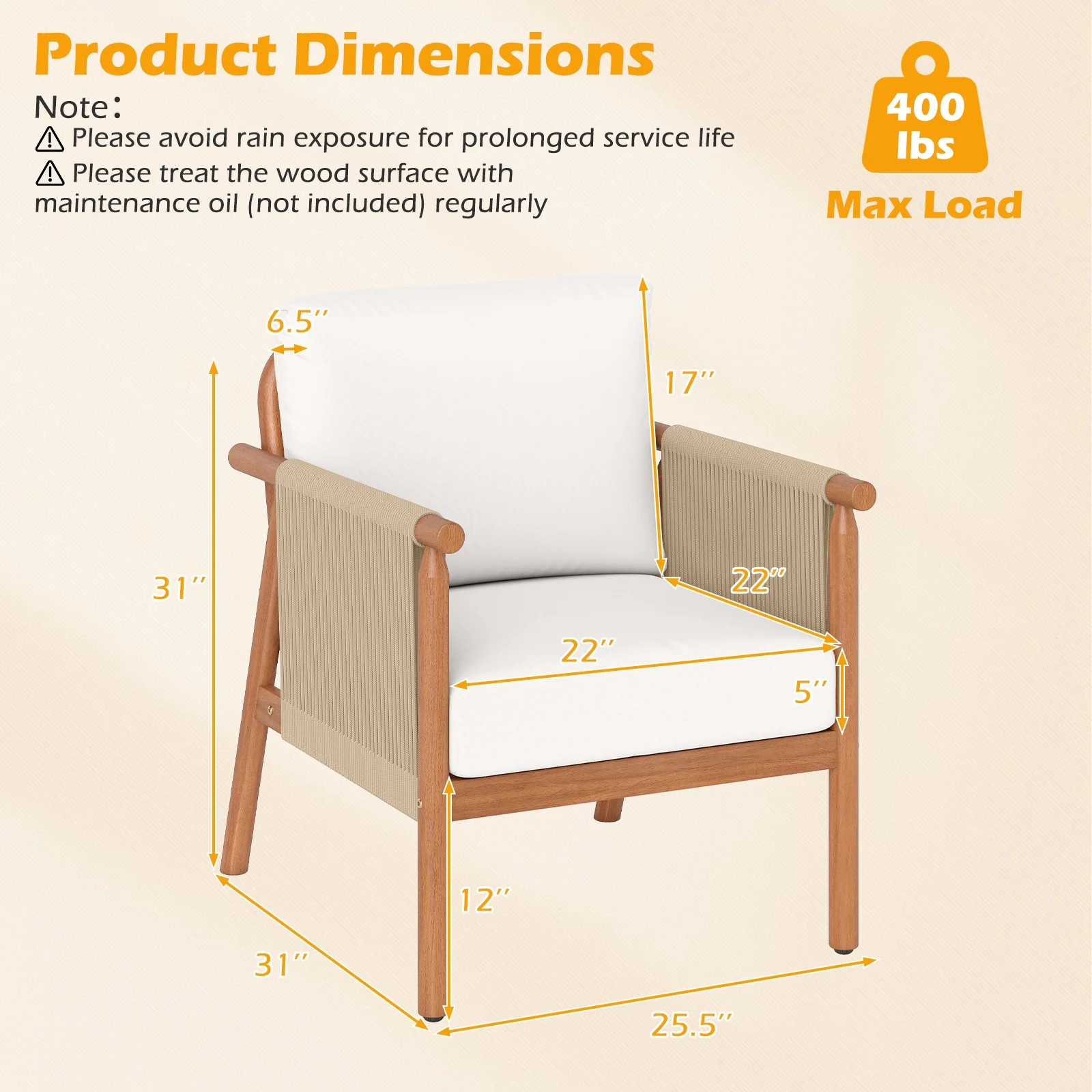 Costway Patio Acacia Wood Chair with Woven Rope Armrests & Seat Back Cushions for Backyard Natura... | Walmart (CA)