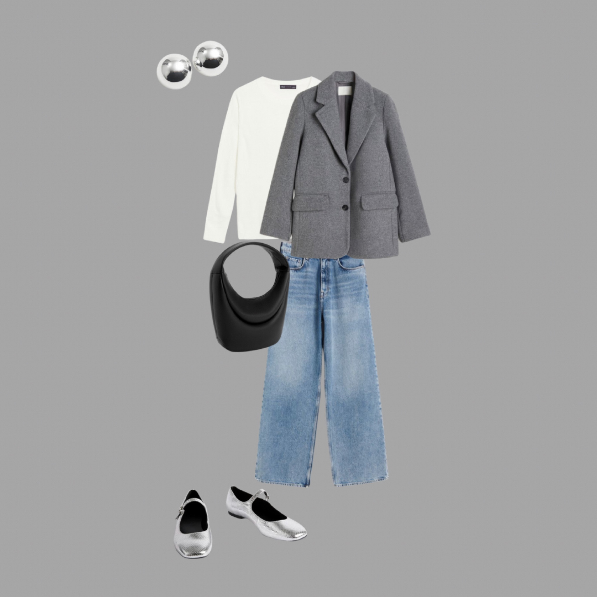 Autumn jackets. Grey wool jacket from Arket with a simple cream jumper, silver flats, a black bag and silver earrings