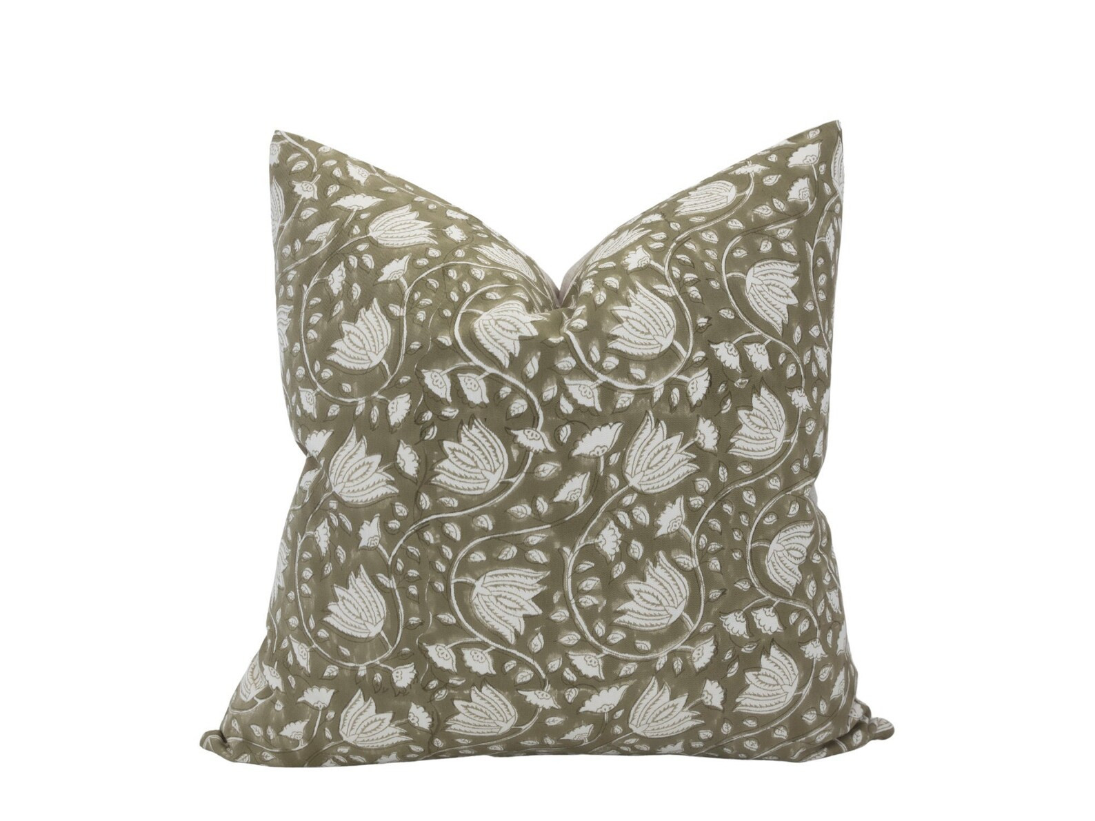 ELORA || Green Floral Pillow Cover Green Block Print Pillow Olive Green Floral Pillow Modern Farm... | Etsy (US)