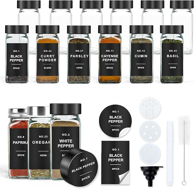 Spice Jars with Label, 12pcs 4oz Glass Spice Jars with Black Lids, Square Spice Containers with 1... | Amazon (US)