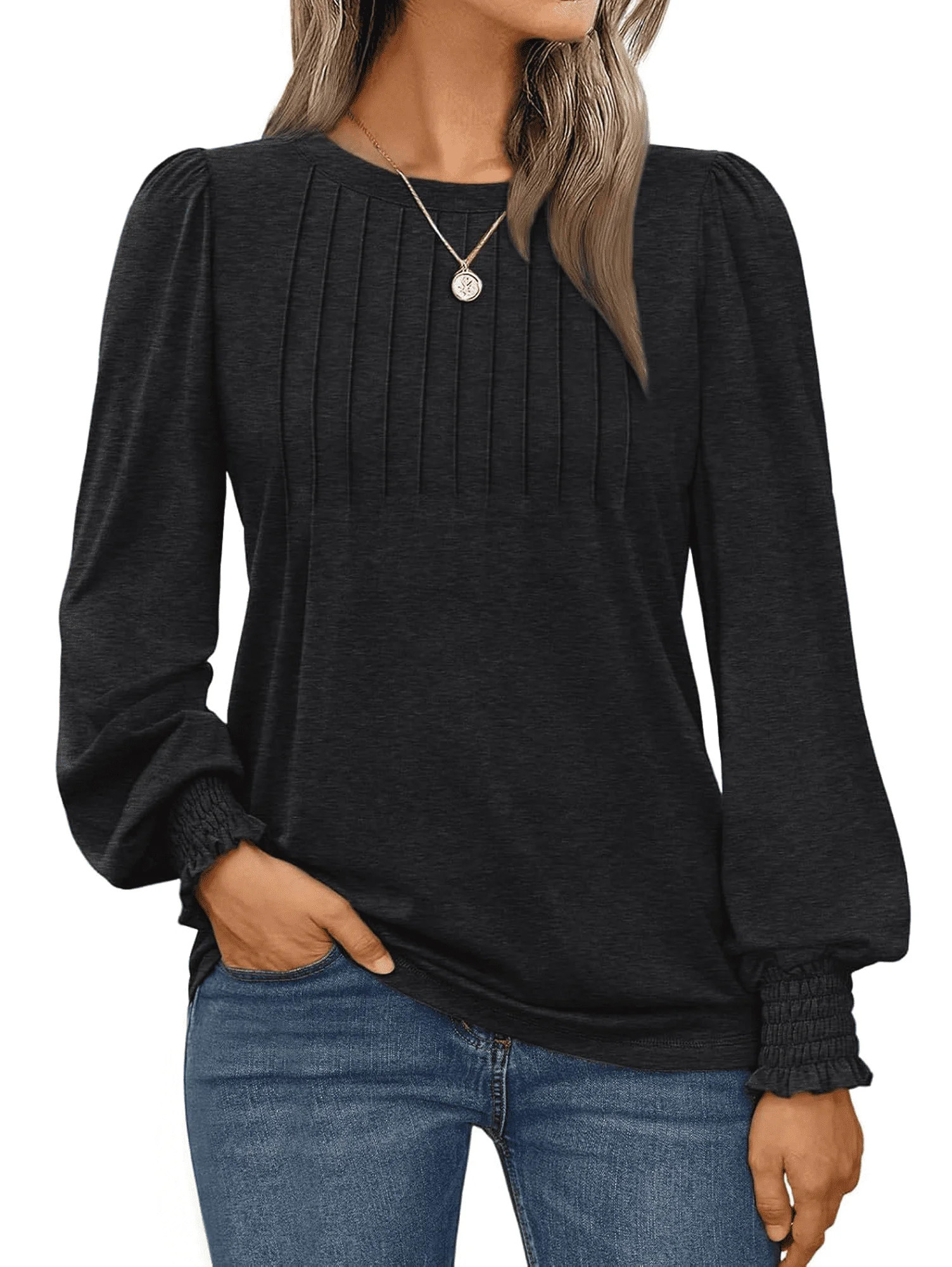 WQD Womens Long Sleeve Shirts Pleated Crewneck Tops Business Casual Blouses Fashion Dressy Smocke... | Walmart (US)