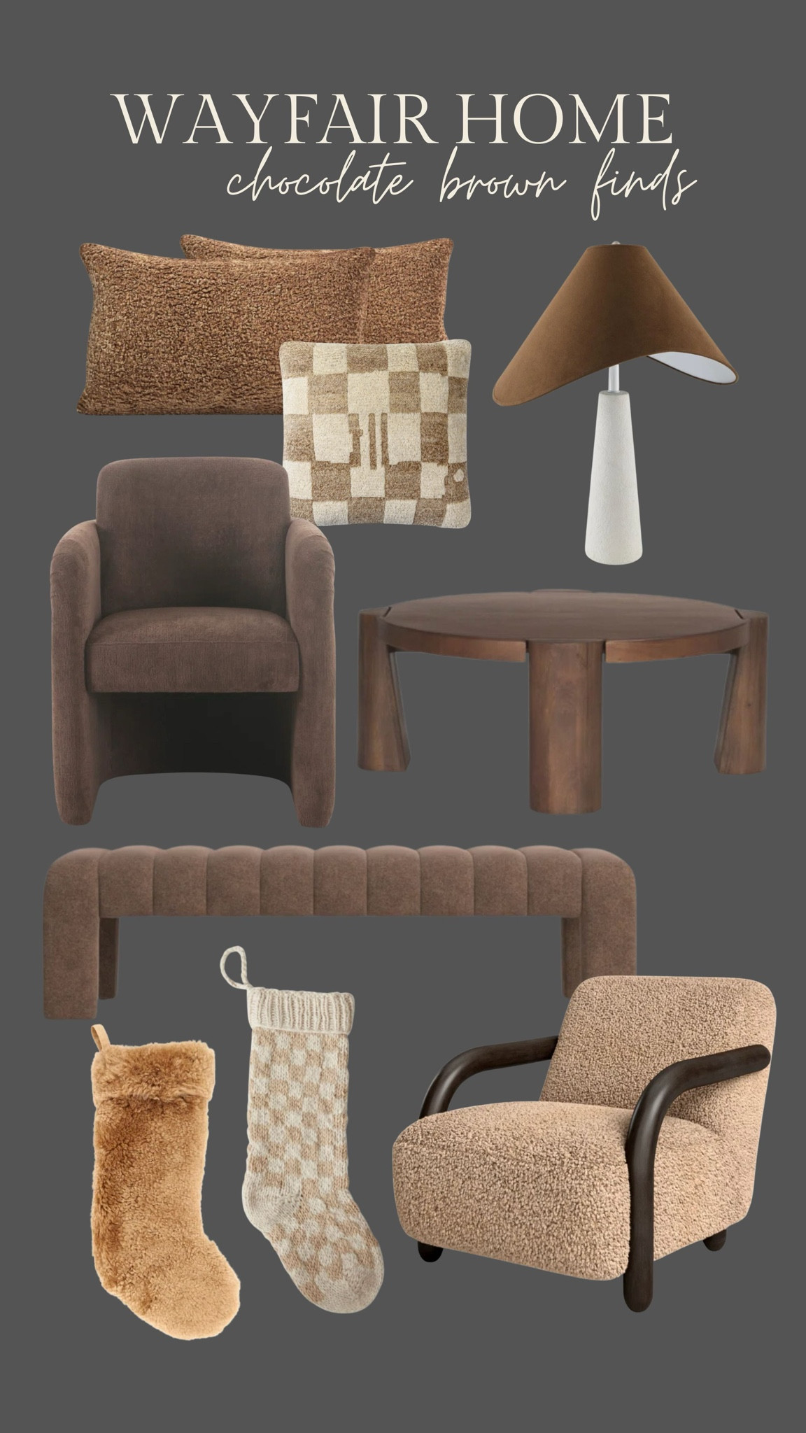 Wayfair home - chocolate brown home finds 🤎 loving all things chocolate brown!

Wayfair, brown chair, brown coffee table, round coffee table, brown throw pillows, brown lamp, brown bench, Wayfair home, living room decor, bedroom decor, neutral home decor, stocking, checkered pillow, Christine Andrew, Andrew home 



#LTKStyleTip #LTKHome #LTKSeasonal