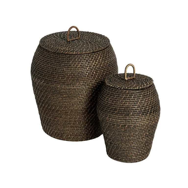 Bloomingville Rattan Wicker Storage Basket with Lid, Washed Black Finish, Set of 2 | Walmart (US)