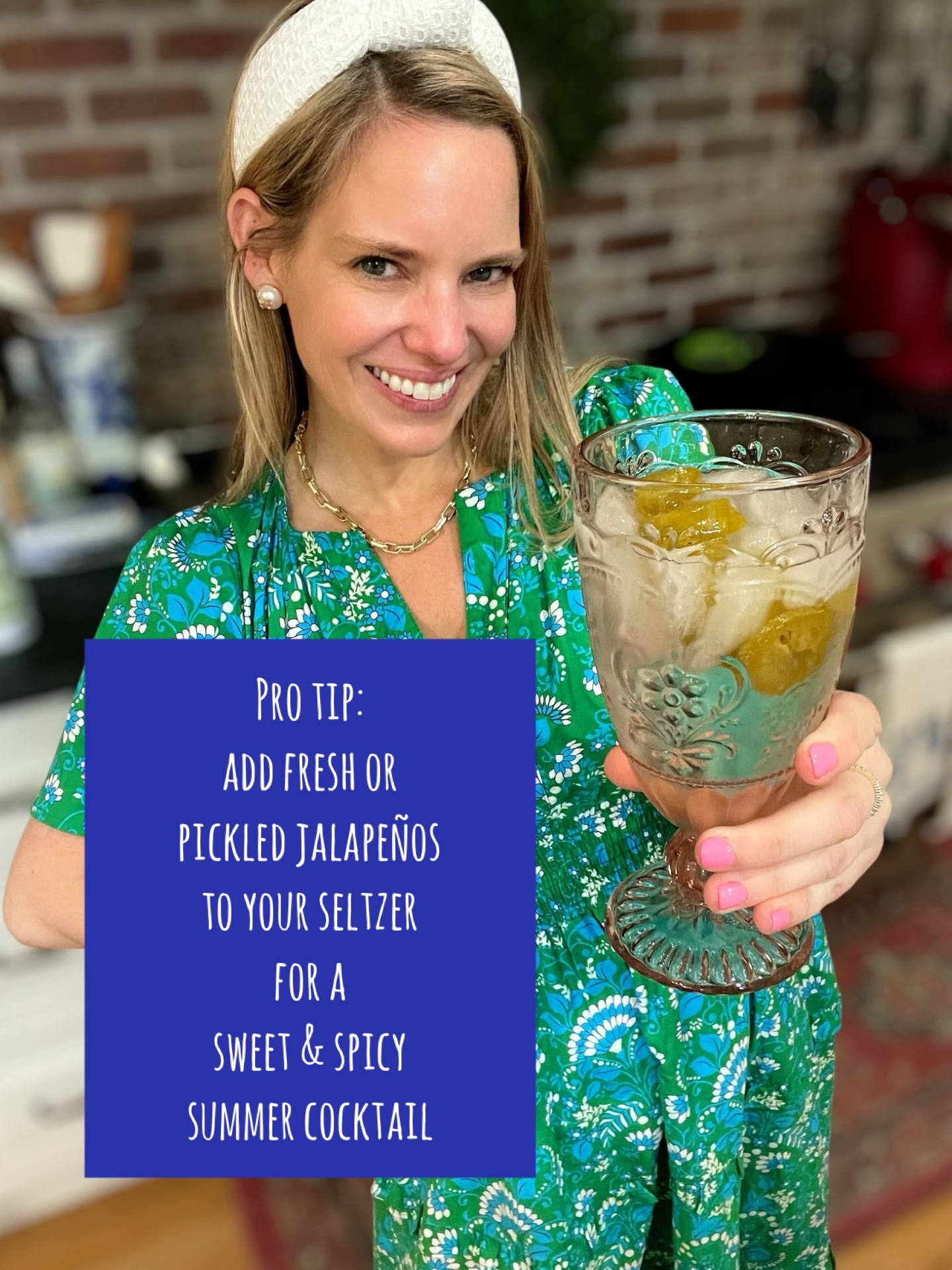 Spice up your summer sips with this sweet & spicy cocktail trick! Add fresh or pickled jalapeños to your favorite seltzer for a flavorful refresher that’s perfect for backyard hangs, porch parties, or poolside lounging. Served in a vintage-style goblet for that extra touch of charm!

Wearing a green + blue floral Amazon dress that feels like summer in a fabric — 100% cotton and so breathable! The flattering v-neckline, button-front detail, and adjustable tie waist make it a comfy and cute go-to for warm weather. Runs true to size — I’m in my usual fit. Styled it with a textured white headband, chunky gold chain, pearl studs, and glossy pink nails!

Jewelry is Melinda Maria — use code PREPPYREBEL for 10% off!

Shop the look + summer hosting faves below!
🍸🌿👗🌶️🧊🍋💚✨🥂

 jalapeño cocktail idea, summer drink recipe, 100% cotton Amazon dress, spicy seltzer cocktail, Amazon summer outfit, porch party drinks, Melinda Maria discount, summer entertaining idea, vintage goblet

#LTKFindsUnder50 #LTKHome #LTKParties