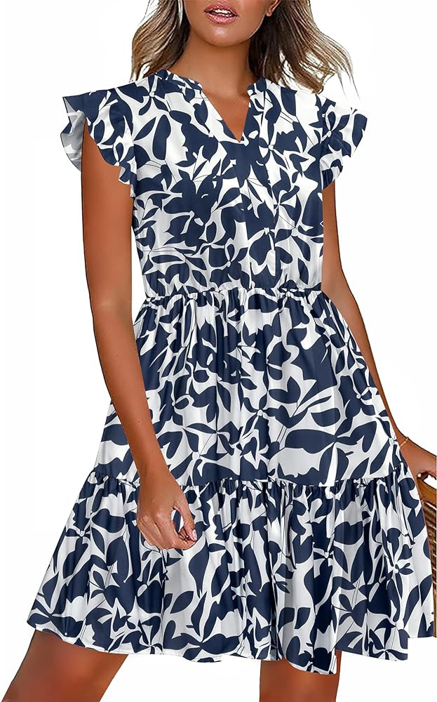 HOTOUCH Women Printed Dress for Summer Short Ruffle Sleeve Dress Tiered Mini Dress with Pockets | Amazon (US)