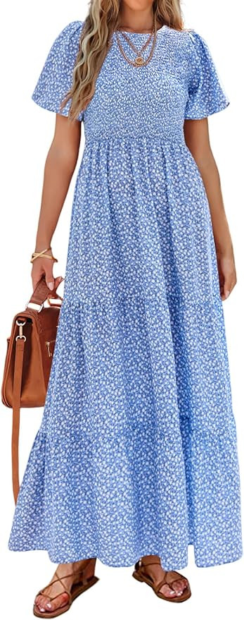 PRETTYGARDEN Women's 2025 Summer Casual Flutter Short Sleeve Boho Floral Maxi Dress Crew Neck Smo... | Amazon (US)