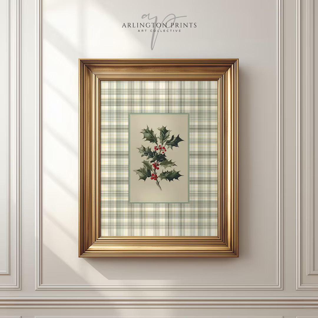 Vintage Holly Botanical Artwork – Rustic Plaid Christmas Printable, Classic Holiday Decor R75 -... | Etsy (US)