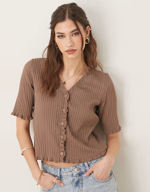 ASOS DESIGN knit cardigan with ruffled edge in mocha | ASOS (Global)