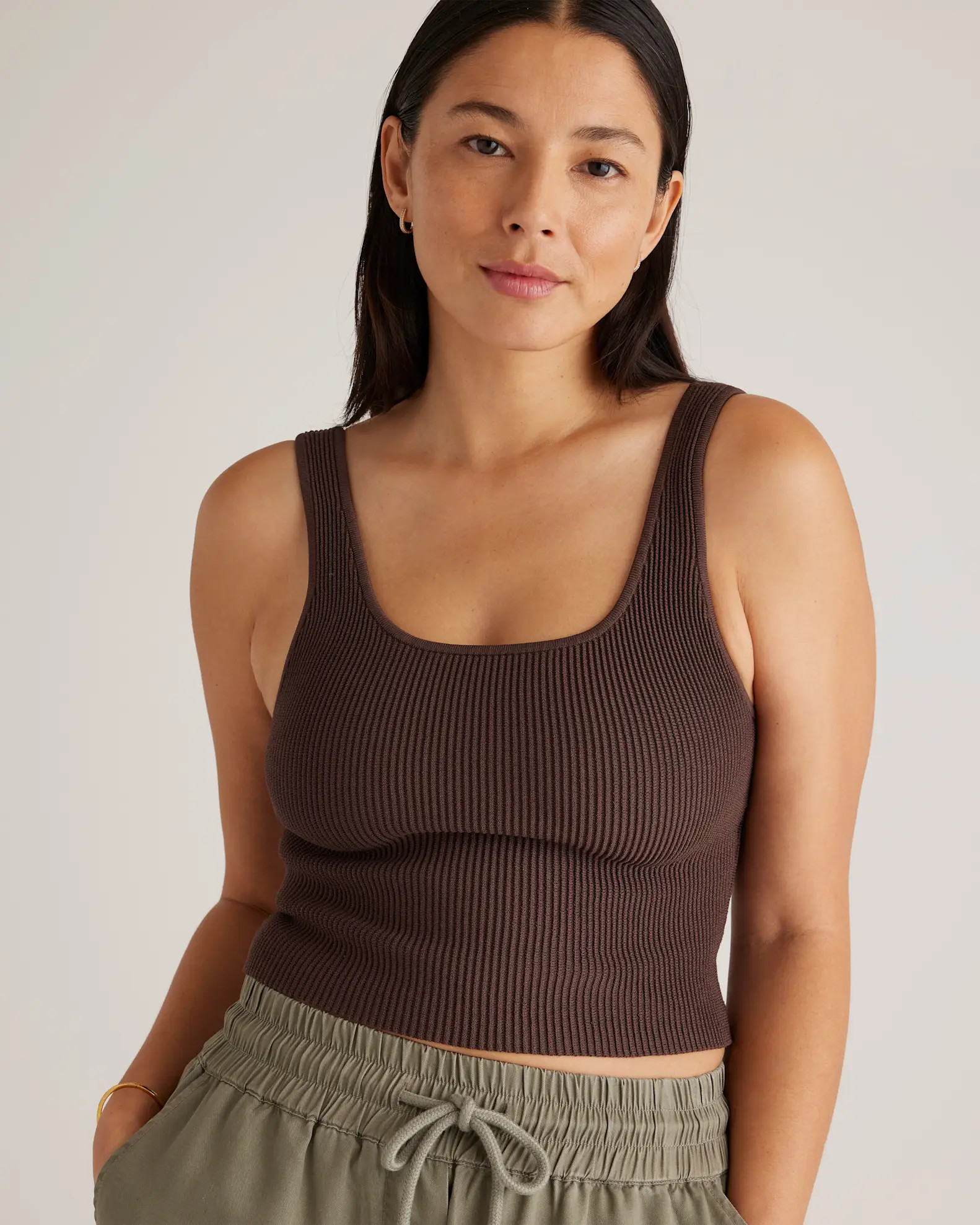 Cropped Square Neck Ribbed Knit Tank in Dark Brown | Quince