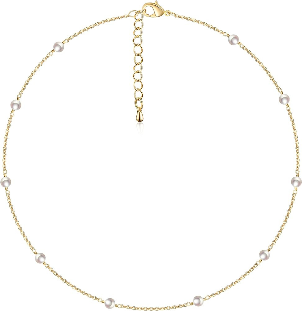 Cowlyn Pearl Choker Dainty Adjustable Necklace 18K Gold Plated Cultured Barque Pearl Tiny Chain D... | Amazon (US)