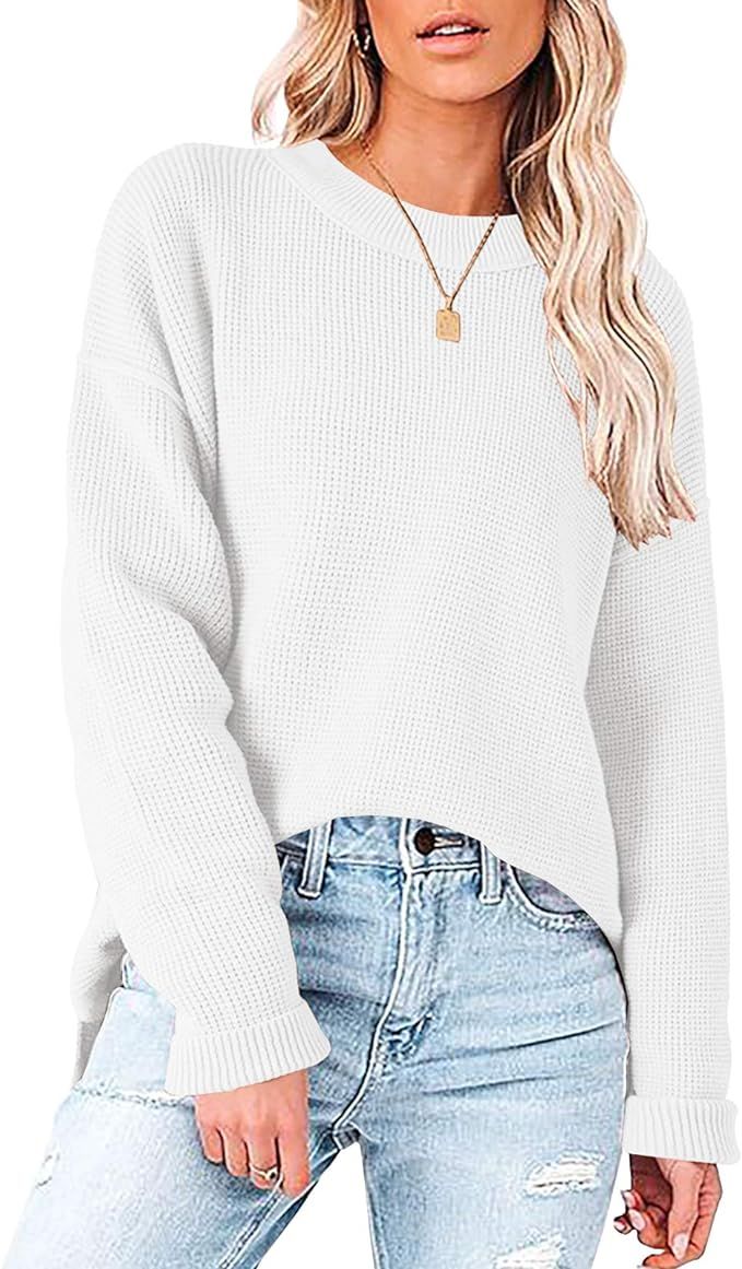 Ybenlow Womens Casual Crew Neck Pullover Sweaters Waffle Knit Side Split Loose Long Sleeve Jumper... | Amazon (US)