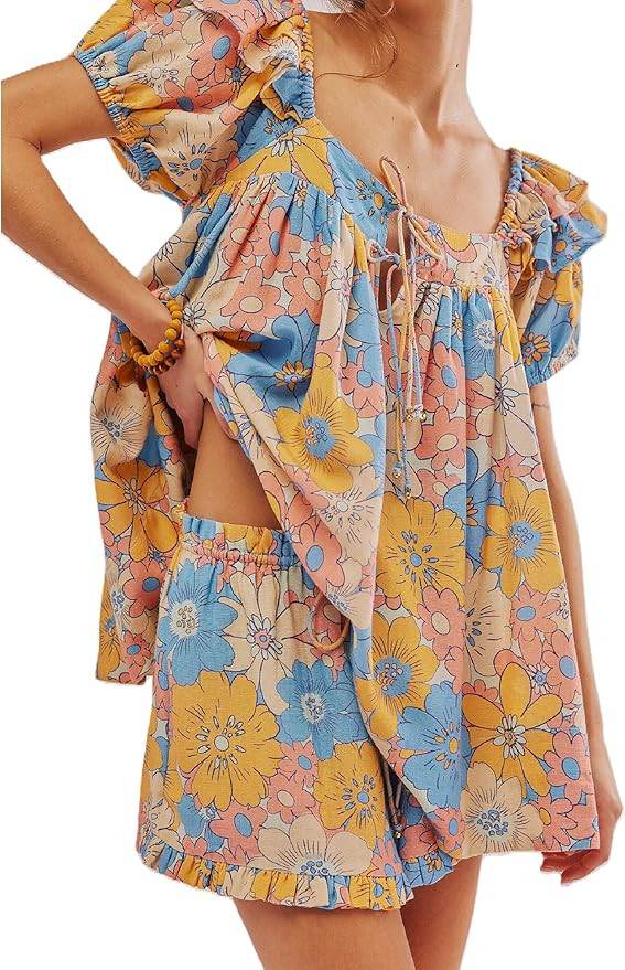 NUFIWI Women Floral Babydoll Tops 2 Piece Lounge Sets Square Neck Puffy Short Sleeves Peplum Shir... | Amazon (US)