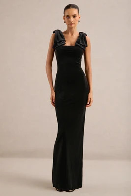 Beatrix | Black Corset Top Maxi Dress with Bow Detailing | Club L London
