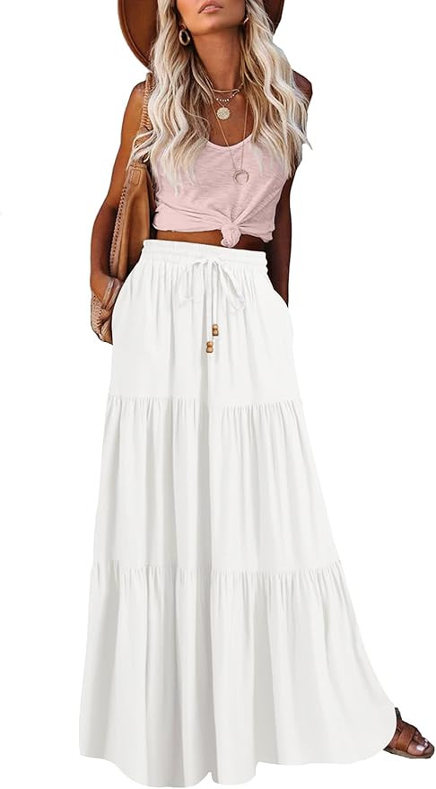 HAEOF Women's Summer Boho Maxi Skirt A-Line Flowy Ruffle Tiered Elastic High Waist Beach Long Ski... | Amazon (US)