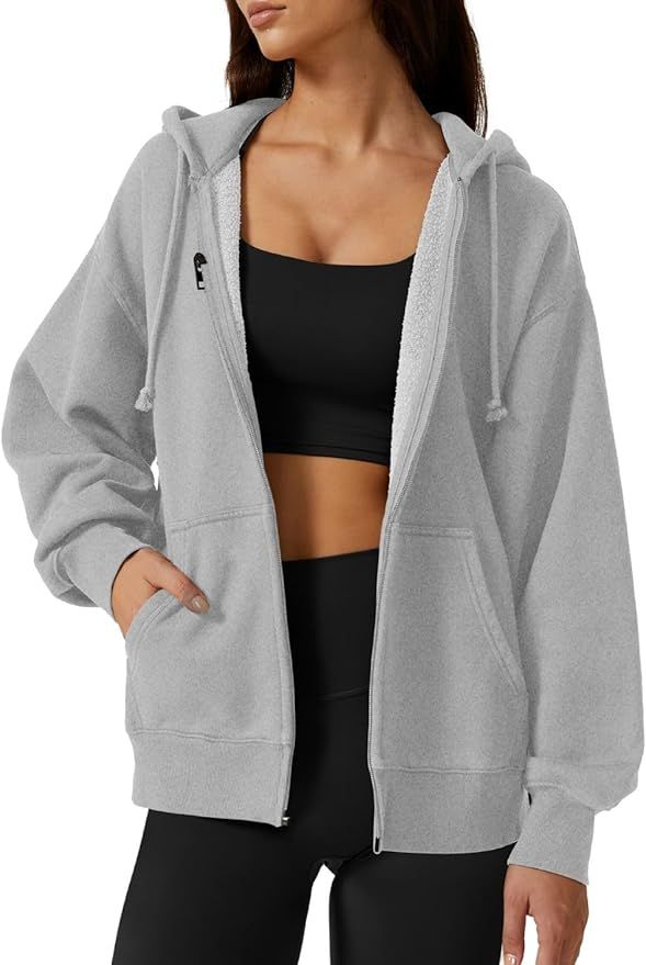 QINSEN Women's Relaxed Zip-Up Hoodie Fall Oversized Sweatshirt Cozy Fleece Jacket with Pocket | Amazon (US)