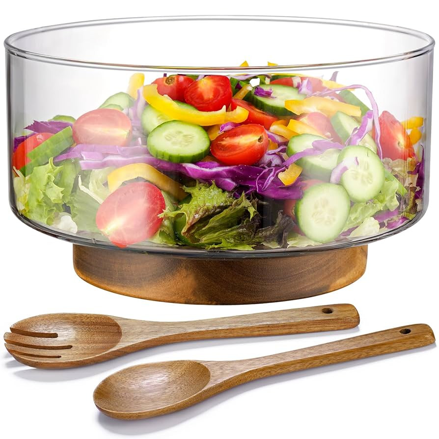 NiHome Salatschüssel Glas Set mit Salatzange aus Akazienholz, Salatschüssel Groß und erhöhter... | Amazon (DE)