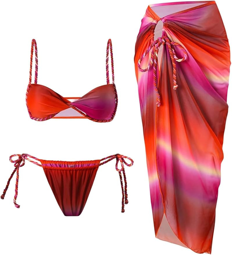OYOANGLE Women's 3 Piece Bikini Set Tie Dye Rope Strap Tie Side Swimsuits with Long Sarong Cover ... | Amazon (US)