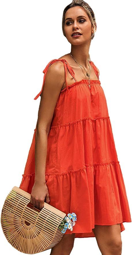 Romwe Women's Sleeveless Spaghetti Strap Tiered Layer Frill Knot Loose Summer Cami Dress | Amazon (US)