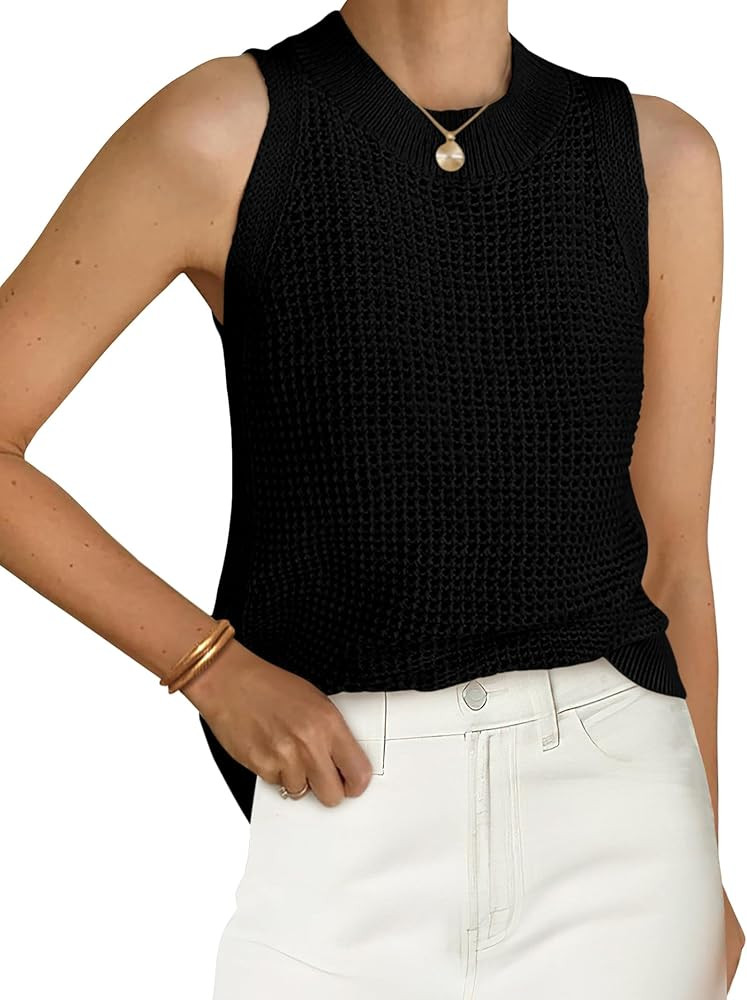 PRETTYGARDEN Summer Crochet Tank Tops for Women 2026 Casual Crewneck Hollow Out Loose Knit Sleeve... | Amazon (US)