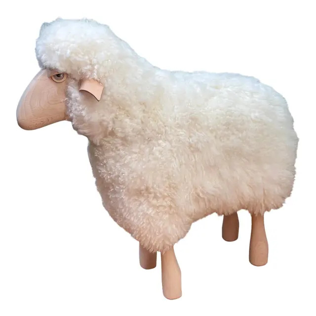 Lalanne Style Carved Wood and Sheepskin Sheep Sculpture Stool | Chairish