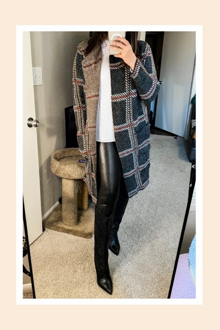 Christmas Eve #ootd 
These faux leather pants are everything! I love to pair them with black leather boots, a cozy plaid cardigan & simple plain white shirt 

Plaid drape collar cardigan 
Leather like pants 
Black leather croc boots 

#LTKunder50 #LTKunder100 #LTKshoecrush
