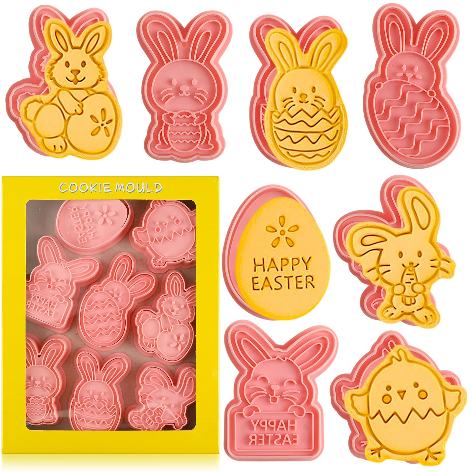 Easter Cookie Cutters Set, 8 Pcs Cookie Cutter with Plunger Stamps, 3D Cookie Stamps for Easter Biscuit Snacks Cheese Baking | Amazon (US)