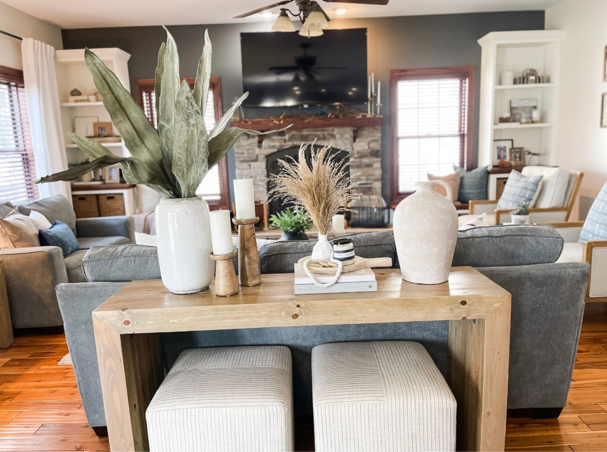 Plant, decor, cube stools, console table, curtains

#LTKstyletip #LTKSale #LTKhome