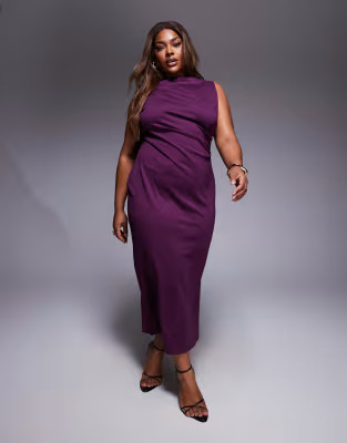 ASOS DESIGN Curve high slash neck pleated midaxi dress in plum | ASOS | ASOS (Global)