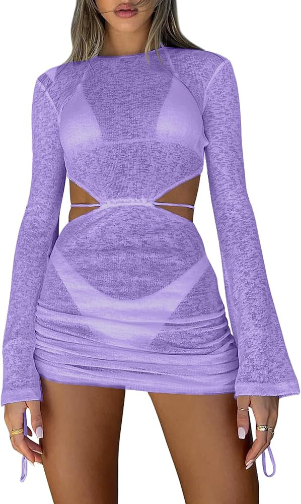Kaximil Women's Swimsuit Coverup Long Sleeve Sexy Beach Cover Ups Mini Dress Swimwear | Amazon (US)