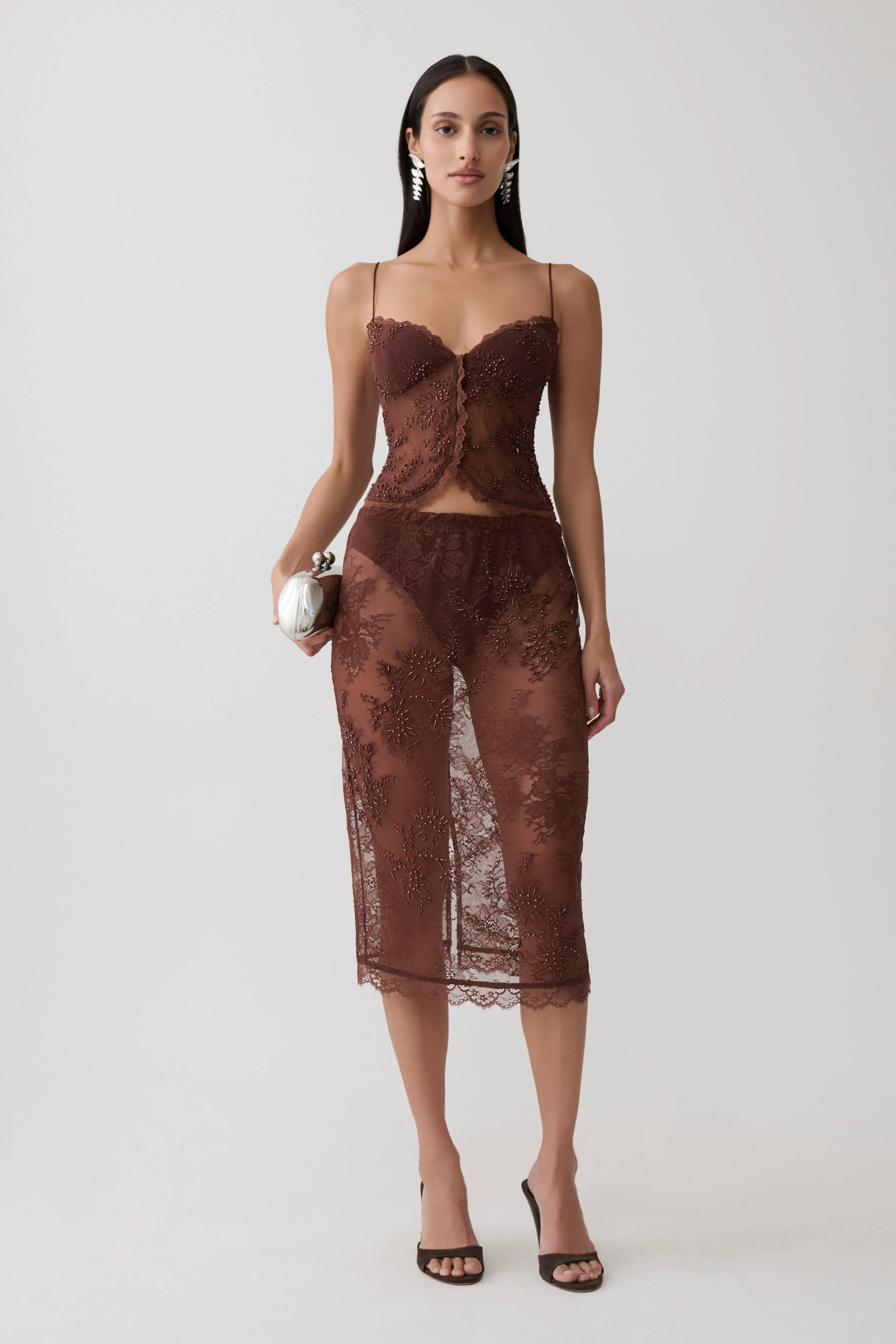 Marcelle Lace Midi Skirt / Dark Chocolate | MESHKI | M | MESHKI US
