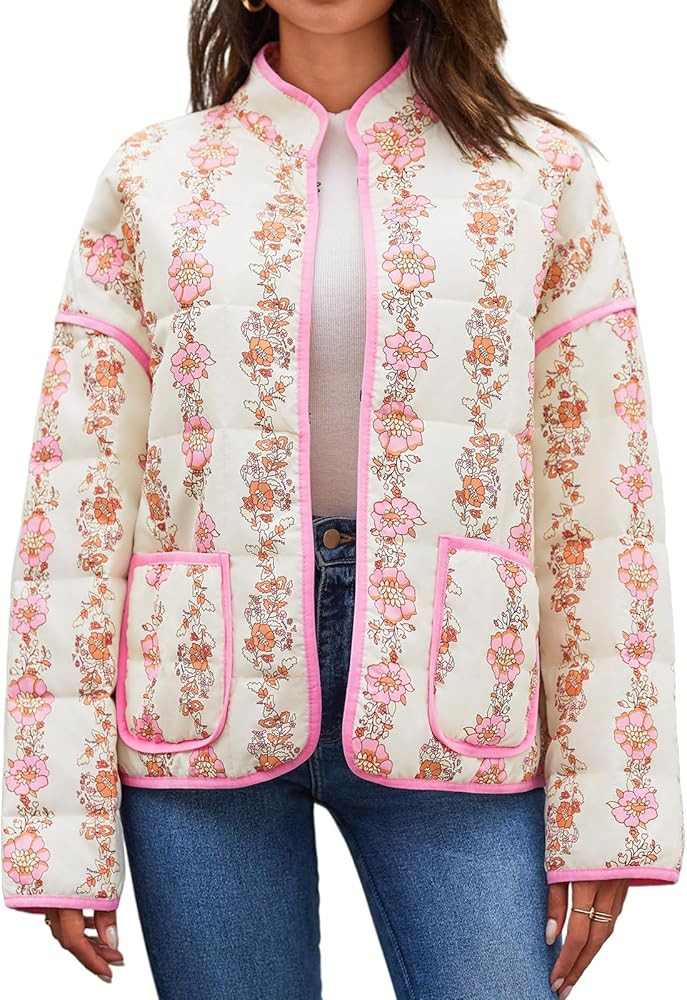 Tankaneo Womens Quilted Lightweight Jackets Floral Print Winter Coats Open Front Cardigan with Po... | Amazon (US)