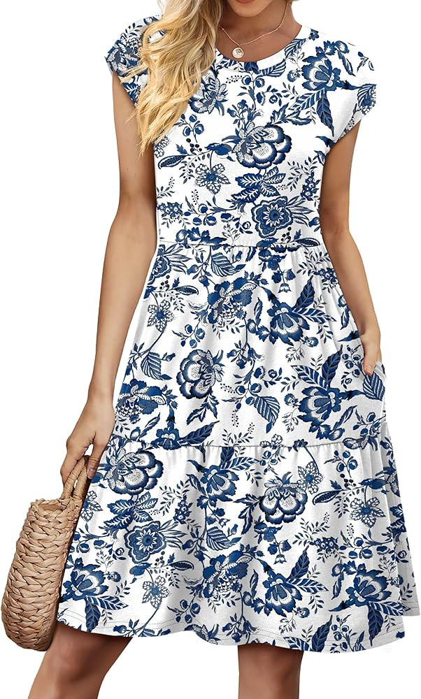 WIHOLL Summer Dresses for Women 2026 Cap Sleeve Casual Sundresses Floral Tiered Swing Fashion Bea... | Amazon (US)
