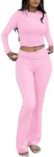 AYWA Women's 2 Piece Outfits Foldover Flare Pants Long Sleeve Crew Neck T-shirt Fitted Pajama Set... | Amazon (US)