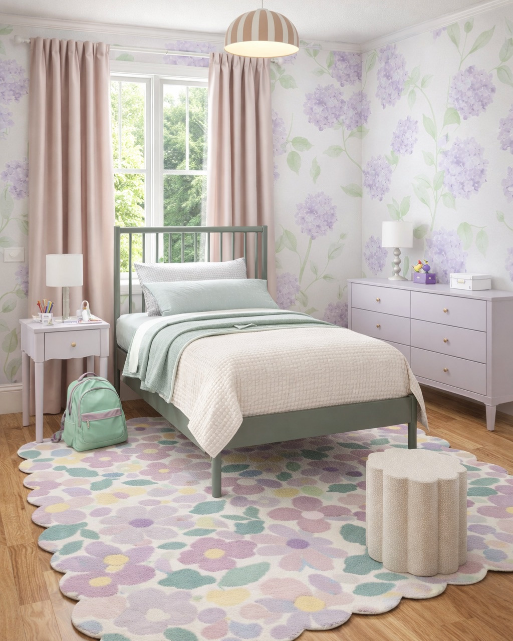 Cute teen girl bedroom! I love the colors in this room and the scalloped floral rug from West Elm. Green bed, purple scalloped dresser and nightstand. Blush pink curtains. #teenroom #homedecor

#LTKKids #LTKSeasonal #LTKHome