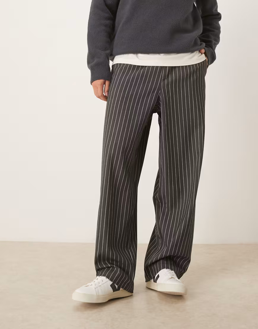 ASOS DESIGN loose straight pull on trousers in grey pinstripe | ASOS (Global)