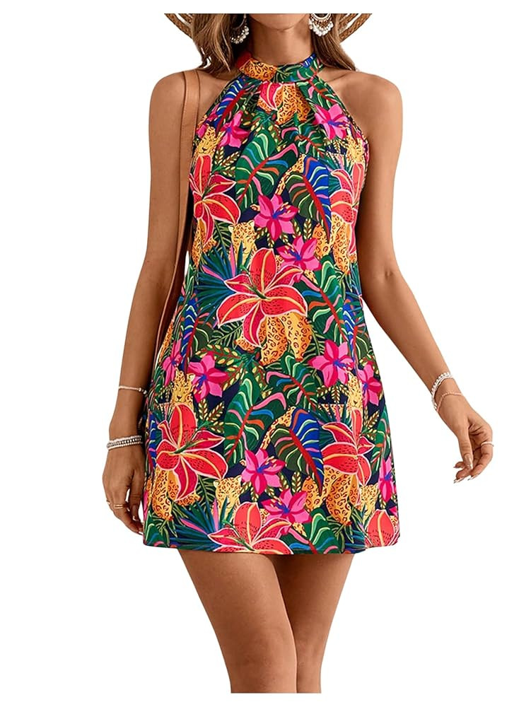 Floerns Women's Sleeveless Floral Print Sundress Halter Neck A Line Short Dress | Amazon (US)