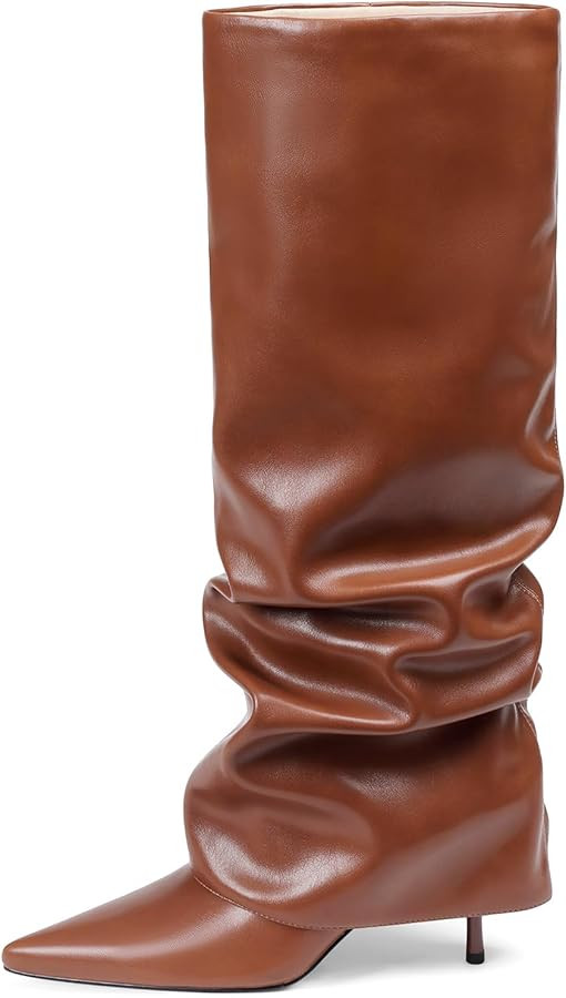Womens Knee High Boots, Fold Over Shark Boots Stiletto Heels Slouchy Long Boot Pointed Toe Thigh ... | Amazon (US)