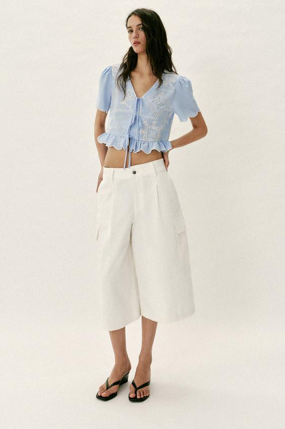PERFORATED EMBROIDERED TIE BLOUSE | Zara US