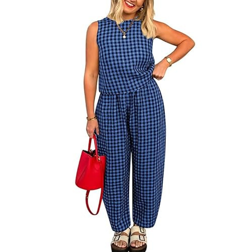 Melliflo Gingham Sets Women 2 Piece Outfits Sleeveless Plaid Loungewear Checkered Crop Tanks and Pant Sets with Pockets | Amazon (US)